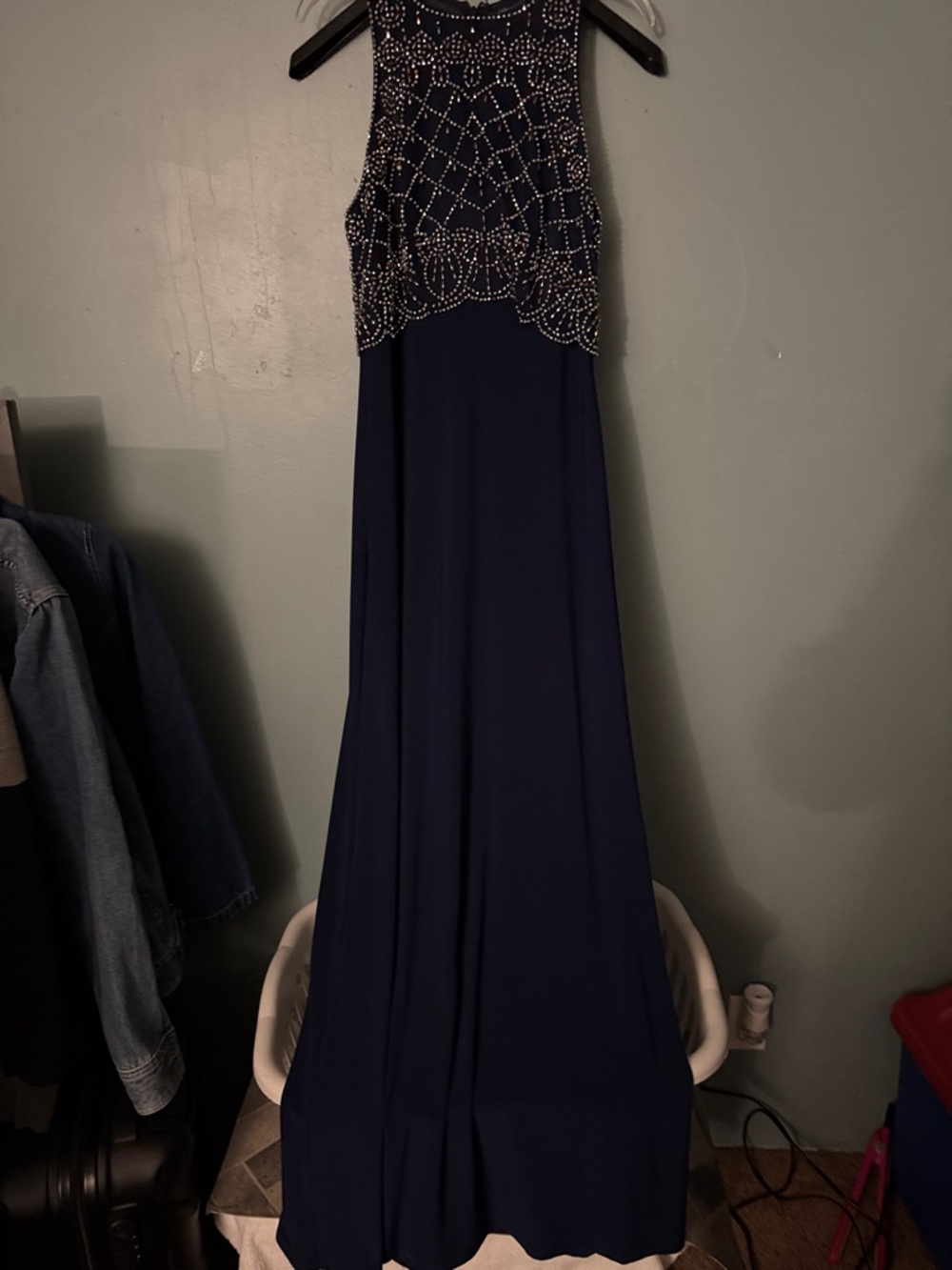 Cachet Navy Beaded High-Neck Prom Gown